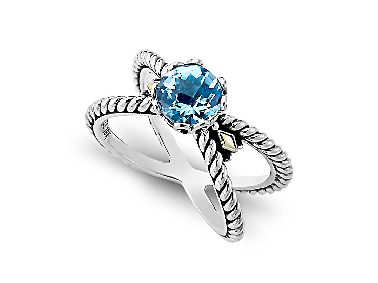 Silver Treasures by Samuel B. Sterling Silver with 18K Yellow Gold"X" Design Blue Topaz Ring 1.20ct