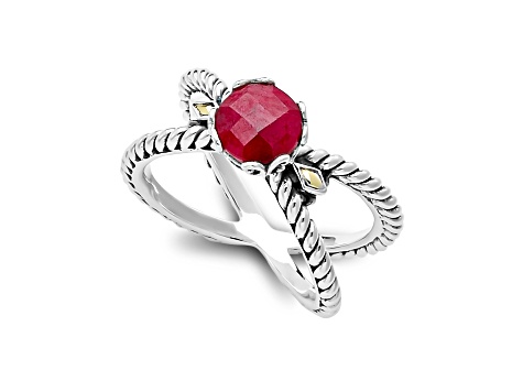 Silver Treasures by Samuel B. 1.25ctw Ruby Sterling Silver with 18K Yellow Gold "X" Ring