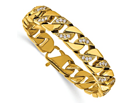 White Cubic Zirconia Stainless Steel Polished Yellow IP Plated Men's Bracelet