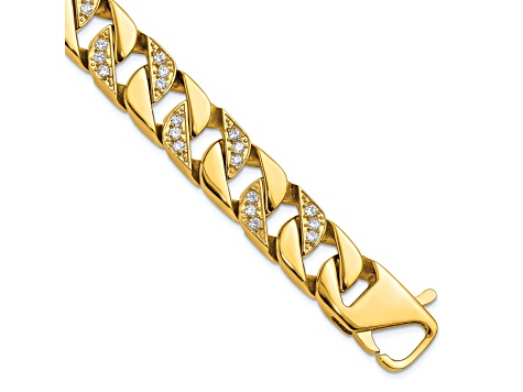 White Cubic Zirconia Stainless Steel Polished Yellow IP Plated Men's Bracelet