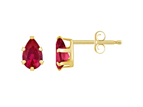 6x4mm Pear Shape Created Ruby 10k Yellow Gold Stud Earrings