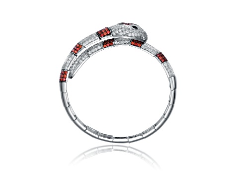 Ruby Red Cubic Zirconia, Rhodium Plated over Sterling Silver Serpent Cuff Bracelet