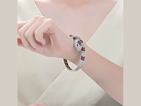 Ruby Red Cubic Zirconia, Rhodium Plated over Sterling Silver Serpent Cuff Bracelet