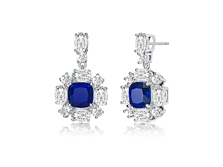 Sapphire Blue Cubic Zirconia, Rhodium Plated over Brass Accent Dangle Earrings