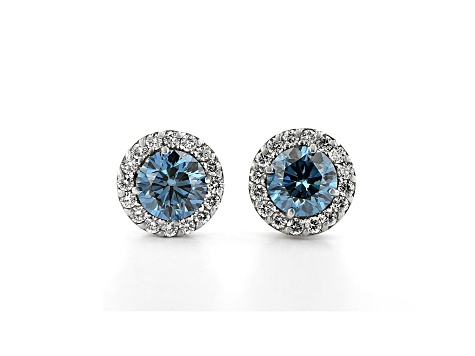 Blue And White Lab-Grown Diamond 14kt White Gold Halo Stud Earrings 2.00ctw