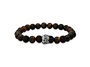 Men's Tiger Eye and Black Lava Rock With Sterling Silver Skull Beaded Stretch Bracelet