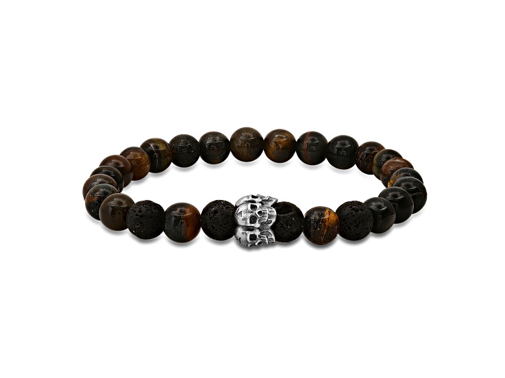 Men's Tiger Eye and Black Lava Rock With Sterling Silver Skull Beaded Stretch Bracelet