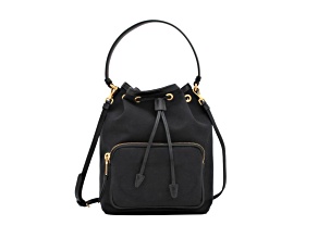 Prada Black Canvas Jacquard Logo Convertible Small Bucket Bag