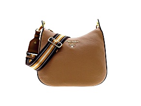 Prada Vitello Phenix Caramel Brown Leather Web Stripe Crossbody Bag