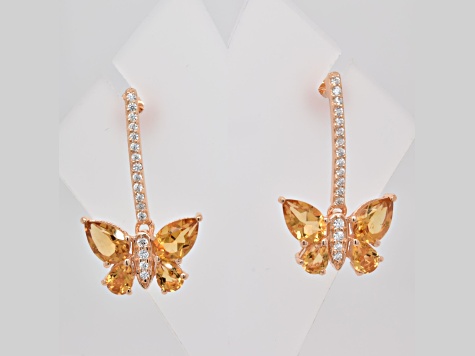 2.20ctw Pear Shaped Citrine and Cubic Zirconia 14K Rose Gold Over Sterling Silver Butterfly Earrings