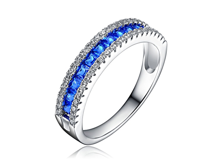 Sapphire Blue Cubic Zirconia, Rhodium Plated over Sterling Silver Band Ring