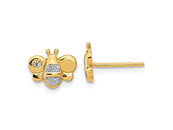 14k Yellow Gold and Rhodium Over 14k Yellow Gold Children's Cubic Zirconia Bee Stud Earrings