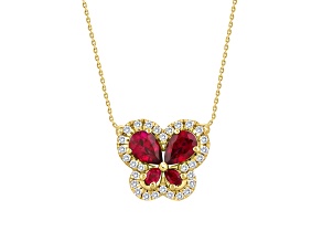 10K Yellow Gold 0.25CTW Lab Created Ruby and Lab-Grown Diamond Butterfly Pendant with Chain