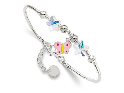 Sterling Silver Enamel Crystal Butterfly Stars with 1-inch Extension Bracelet