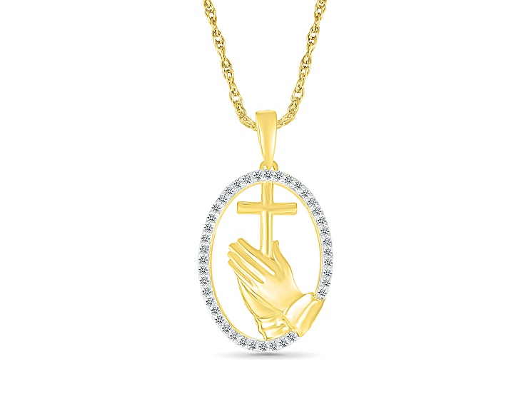 White Diamond Rhodium and 14K Yellow Gold Over Silver Praying Hands Pendant With 18" Chain 0.12ctw