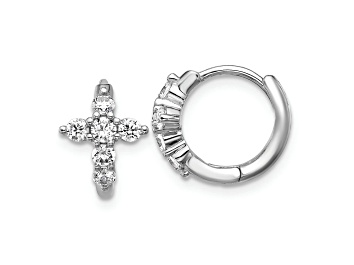 Picture of Rhodium Over Sterling Silver Polished Cubic Zirconia Cross Hinged Round Hoop Earrings