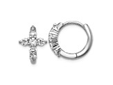 Rhodium Over Sterling Silver Polished Cubic Zirconia Cross Hinged Round Hoop Earrings
