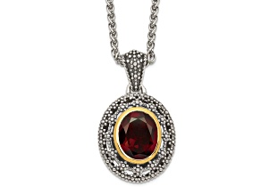 Sterling Silver Antiqued with 14K Accent Garnet Oval Necklace
