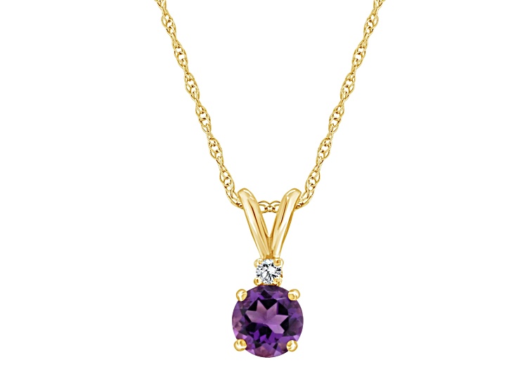 6mm Round Amethyst with Diamond Accent 14k Yellow Gold Pendant With Chain