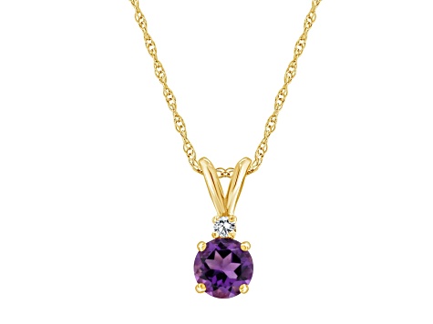 6mm Round Amethyst with Diamond Accent 14k Yellow Gold Pendant With Chain