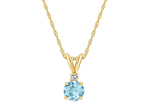 6mm Round Aquamarine with Diamond Accent 14k Yellow Gold Pendant With Chain