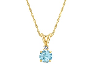 6mm Round Aquamarine with Diamond Accent 14k Yellow Gold Pendant With Chain