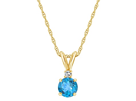 6mm Round Blue Topaz with Diamond Accent 14k Yellow Gold Pendant With Chain