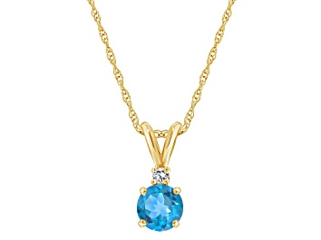 Picture of 6mm Round Blue Topaz with Diamond Accent 14k Yellow Gold Pendant With Chain