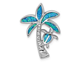 Picture of Rhodium Over Sterling Silver Blue Inlay Lab Created Opal Palm Tree Slide
