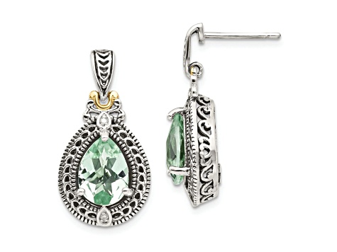 Sterling Silver Antiqued with 14K Accent Diamond and Prasiolite Earrings