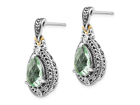 Sterling Silver Antiqued with 14K Accent Diamond and Prasiolite Earrings