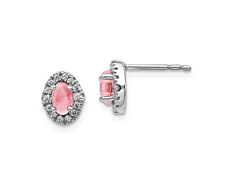 Rhodium Over 14K White Gold Diamond and Cabochon Pink Tourmaline Earrings