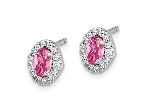 Rhodium Over 14K White Gold Diamond and Cabochon Pink Tourmaline Earrings