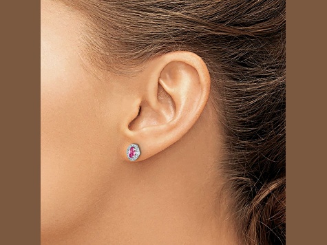 Rhodium Over 14K White Gold Diamond and Cabochon Pink Tourmaline Earrings
