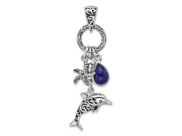 Picture of Rhodium Over Sterling Silver Oxidized Lapis Lazuli Dolphin and Starfish Pendant