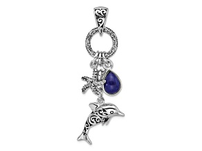 Rhodium Over Sterling Silver Oxidized Lapis Lazuli Dolphin and Starfish Pendant