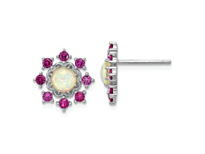 Rhodium Over Sterling Silver Lab Created Opal and Pink Crystal Flower Post Earrings