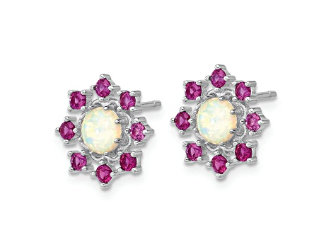 Rhodium Over Sterling Silver Lab Created Opal and Pink Crystal Flower Post Earrings