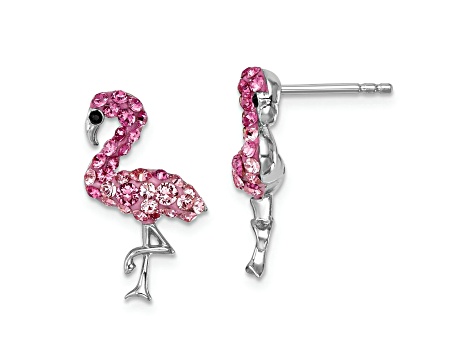 Rhodium Over Sterling Silver Polished Pink Crystal Flamingo Post Earrings