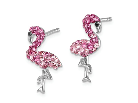 Rhodium Over Sterling Silver Polished Pink Crystal Flamingo Post Earrings