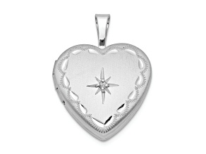 Rhodium Over Sterling Silver Satin and Diamond-cut Diamond Star Heart Locket