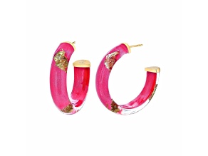14K Yellow Gold Over Sterling Silver Small Gold Leaf Lucite Hoop Earrings in Pink