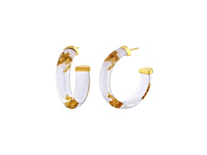 14K Yellow Gold Over Sterling Silver Small Gold Leaf Lucite Hoop Earrings in White