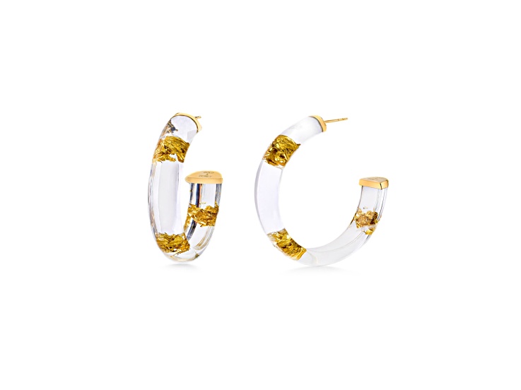 14K Yellow Gold Over Sterling Silver Small Gold Leaf Acrylic Hoop Earrings in Clear