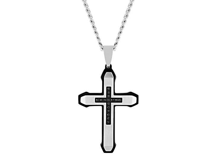 Black Ion-Plated Stainless Steel and Black Diamond Cross Pendant With Chain 0.16ctw