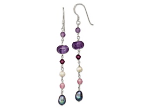 Sterling Silver Freshwater Black and White Pearl, Amethyst, and Lavender Jadeite Dangle Earrings