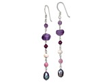 Sterling Silver Freshwater Black and White Pearl, Amethyst, and Lavender Jadeite Dangle Earrings