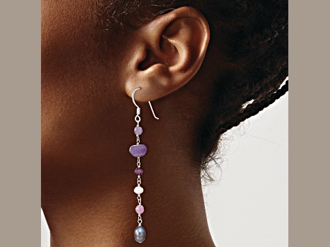 Sterling Silver Freshwater Black and White Pearl, Amethyst, and Lavender Jadeite Dangle Earrings