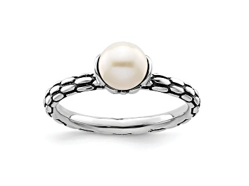 Picture of Rhodium Over Sterling Silver Stackable Expressions Patterned White Freshwater Cultured Pearl Ring