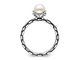 Rhodium Over Sterling Silver Stackable Expressions Patterned White Freshwater Cultured Pearl Ring